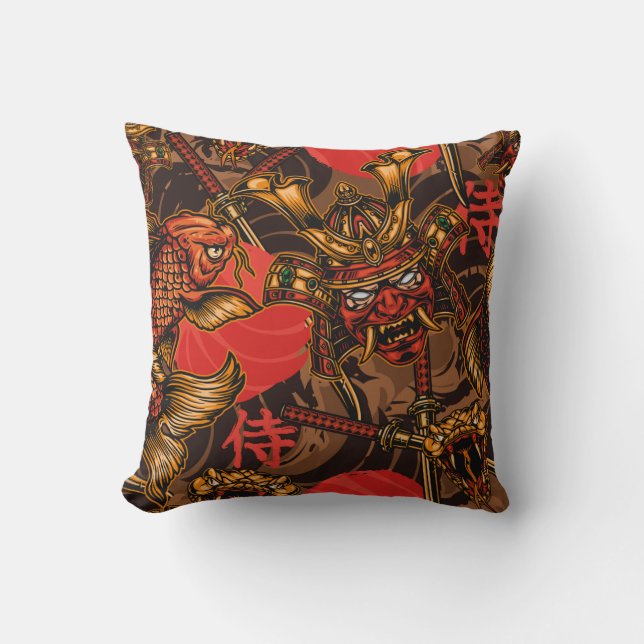Coussin Motif vintage de style japonais avec samur (Recto)