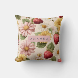 Coussin Motif Vintage personnalisé de fraises et de fleurs