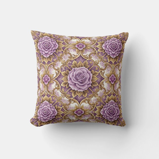 Coussin Motif Vintage Rose Pourpre Élégant & Or (Recto)