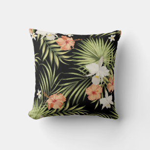 Coussin motif vintage tropical aux fleurs d'hibiscus et