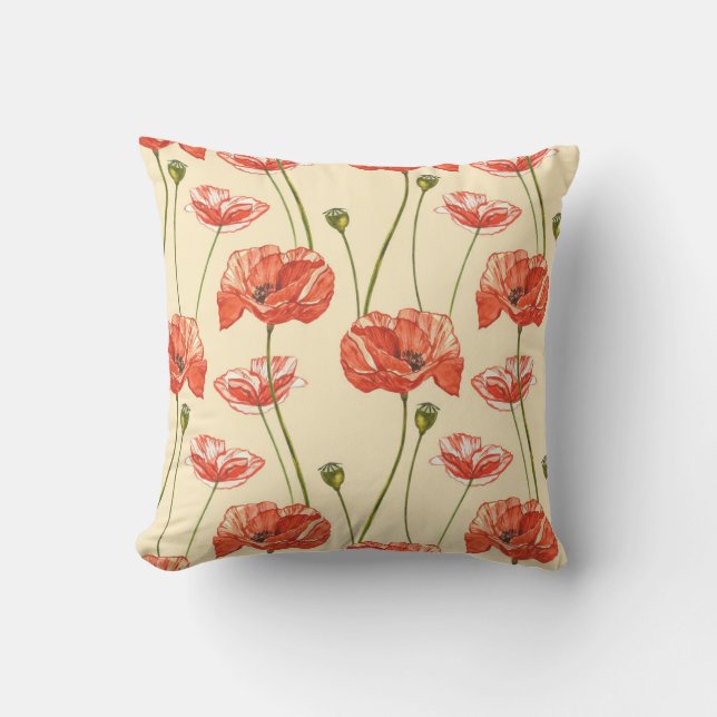 Coussin Motif Watercolor Red Poppies. (Recto)