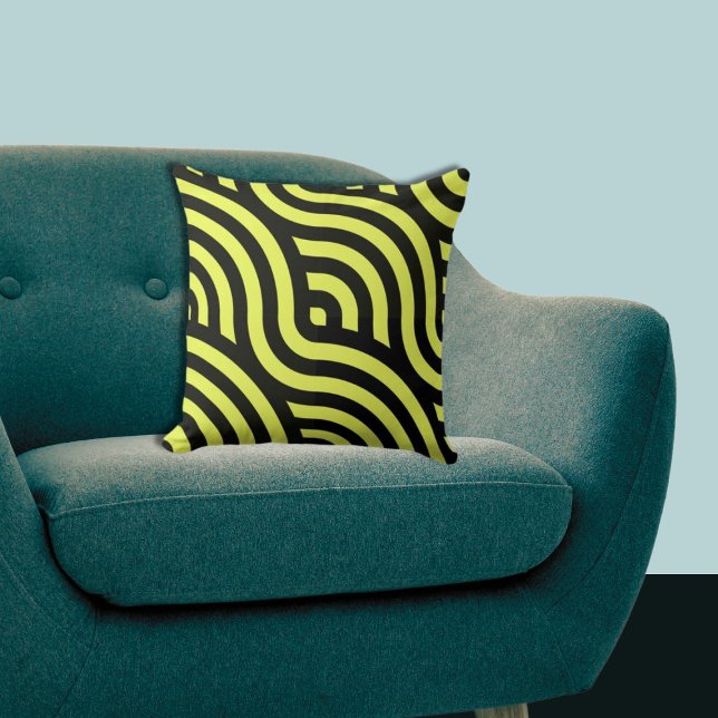 Coussin Motif Wavy Yellow & Black Stripes (Wavy Yellow & Black Stripes Pattern Throw Pillow)