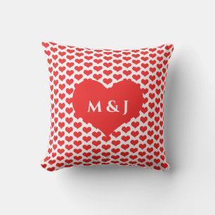 Coussin Motifs Cœur Rouge Monogrammes Saint-Valentin Blanc