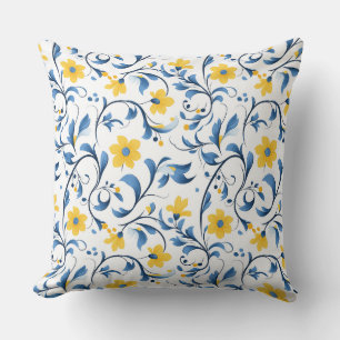 Coussin Motifs d'art populaire floral ukrainien. Bleu et j