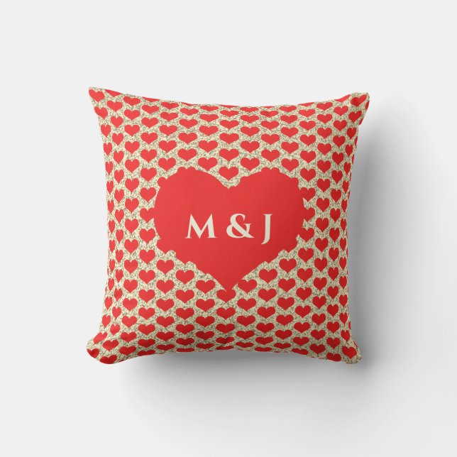 Coussin Motifs de cœur rouge Monogrammes Paillettes dorées (Recto)