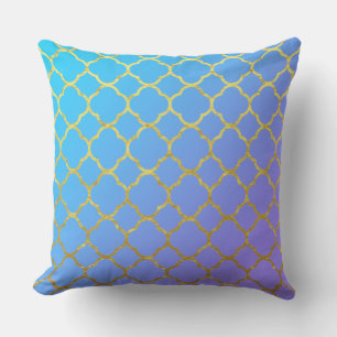 Coussin Motifs de feuille à quatre lobes dorés ombre bleu 