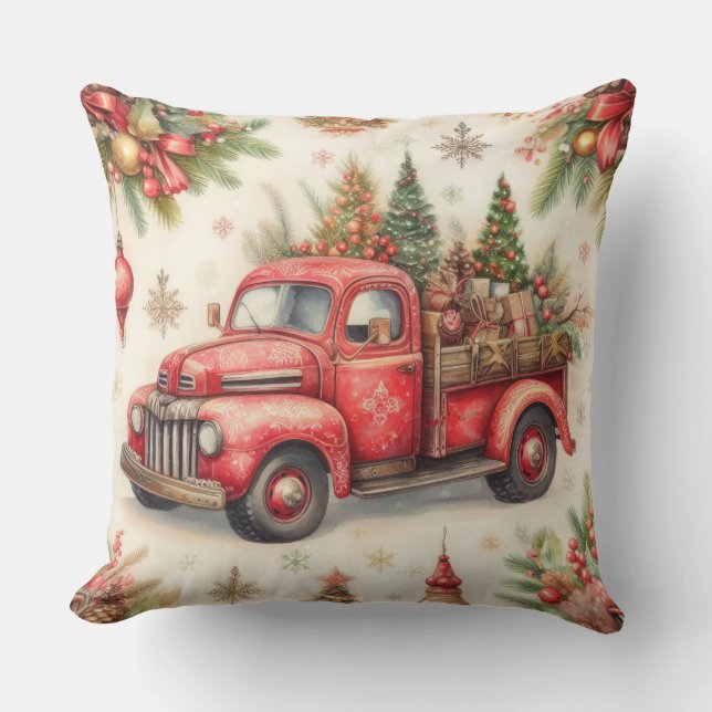 Coussin Motifs de Noël camion rouge aquarelle pour les fêt (Recto)