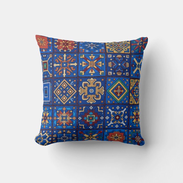 Coussin Motifs géométriques d'art folklorique bleu cobalt  (Recto)