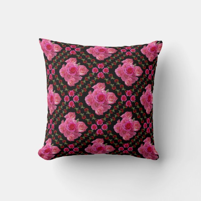 COUSSIN MOTIFS NOIRS DE ROSES ROUGES ET ROSES (Recto)