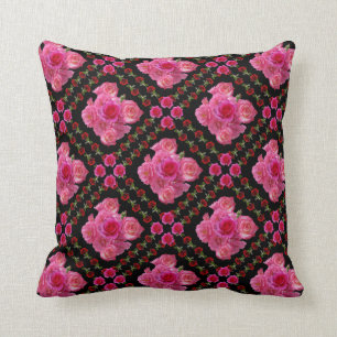 COUSSIN MOTIFS NOIRS DE ROSES ROUGES ET ROSES