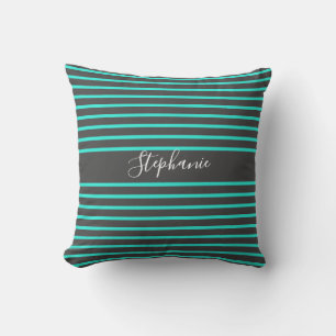 Coussin Motifs rayures sarcelle grise personnalisés nom mi