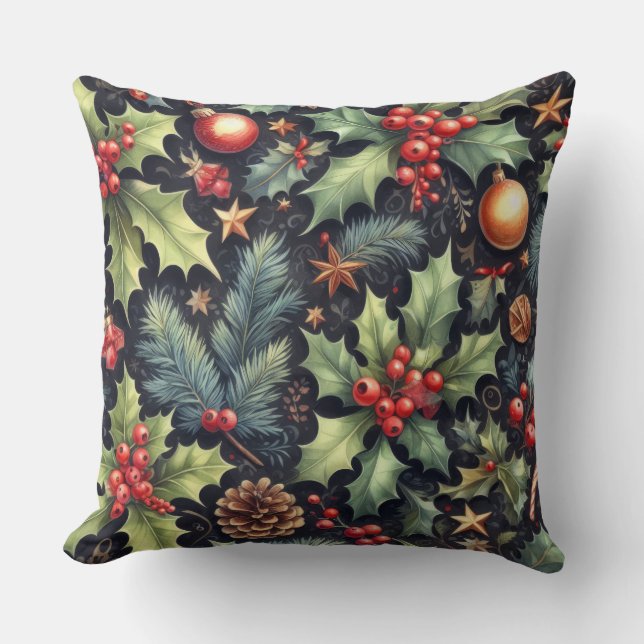 Coussin Motifs Watercolor Navy et Holly Holiday (Recto)