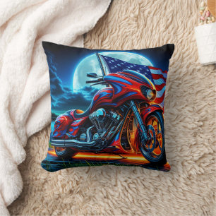 Coussin Moto avec drapeau américain sous pleine lune