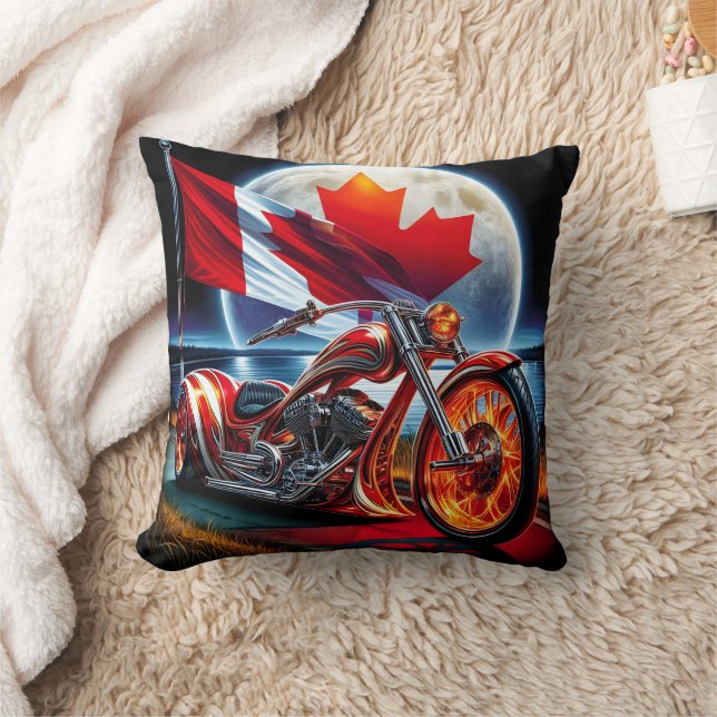 Coussin Moto canadienne avec drapeau sous pleine lune (Couverture)