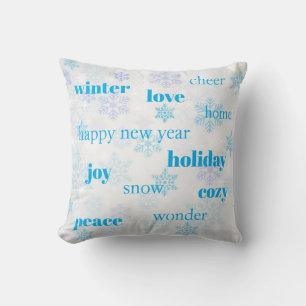 Coussin Mots de Noël Typographie Blue Snowflakes