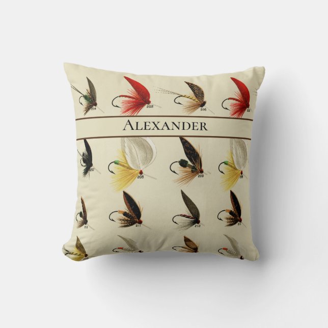 Coussin Mouche Pêche mouches Rustique Aquarelle masculine (Recto)