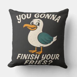 Coussin Mouette drôle "Vas-tu finir tes frites?" Plage