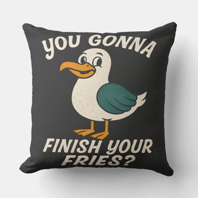 Coussin Mouette drôle "Vas-tu finir tes frites?" Plage (Recto)