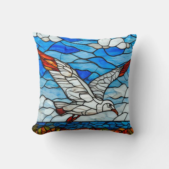Coussin Mouette vitrail Décoratif Oiseau de l'Océan Côtier (Recto)