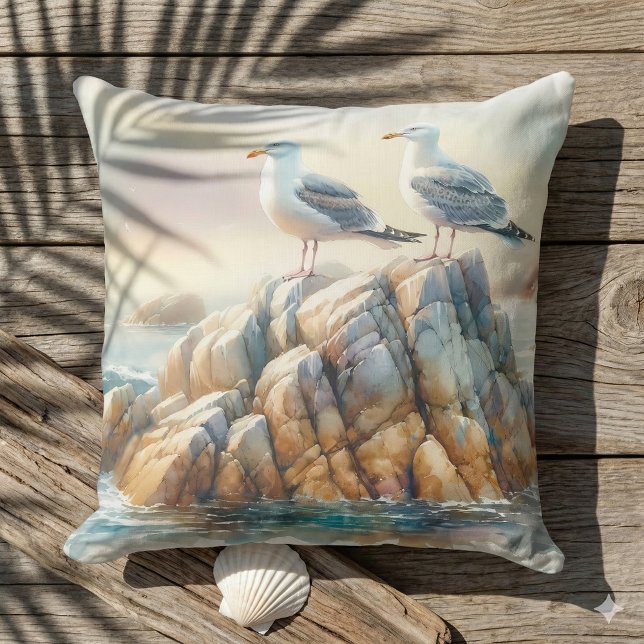 Coussin Mouettes côtières aquarelle paysage marin (Coastal Seagulls Watercolor Seascape Throw Pillow Mockup A)