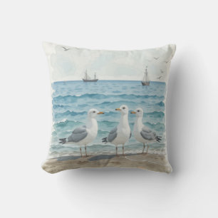 Coussin Mouettes d'aquarelle à la plage Océan côtier