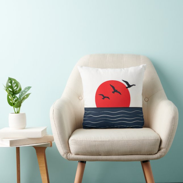 Coussin Mouettes sur Soleil Rouge avec Océan (Chaise)
