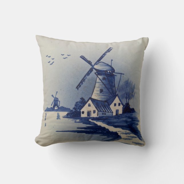 Coussin Moulin à vent bleu blanc Delft antique (Recto)