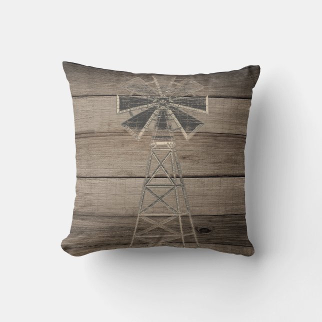 Coussin Moulin à vent rustique en bois patiné de campagne (Recto)