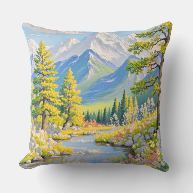 Coussin Mountain River Landscape Throw Pillow (Recto)