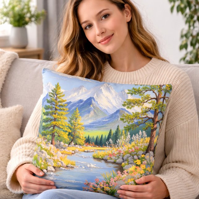 Coussin Mountain River Landscape Throw Pillow (Créateur téléchargé)