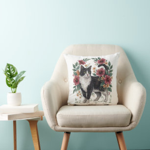 Coussin Moustaches Botaniques : Chat Floral d'Art Populair