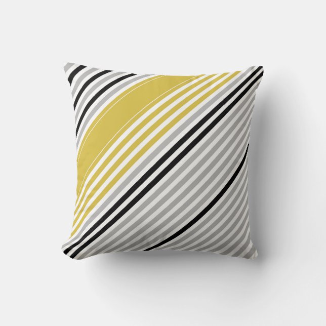 Coussin Moustard jaune, gris, noir, rayures blanches (Recto)