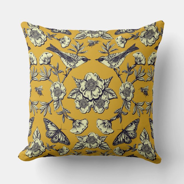 Coussin Moutarde Jaune et Oiseaux de la Marine, Papillons  (Recto)