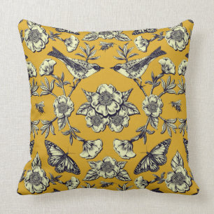 Coussin Moutarde Jaune et Oiseaux de la Marine, Papillons