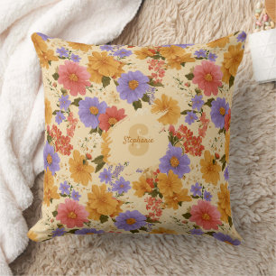 Coussin Moutarde Terre Cuite Bleu Fleur Sauvage
