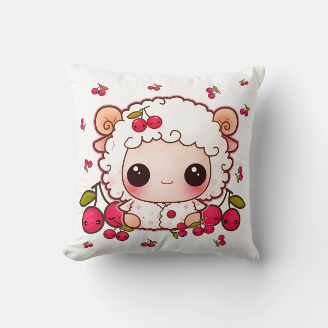 Coussin Moutons de bébé de Kawaii et cerises mignonnes (Recto)