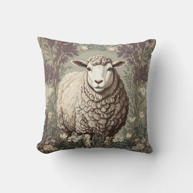 Coussin Moutons Élégants Fond de Fleur de Lavande (Recto)