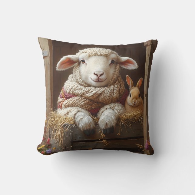 Coussin Moutons et lapin douillets en Grange avec Fleurs (Recto)
