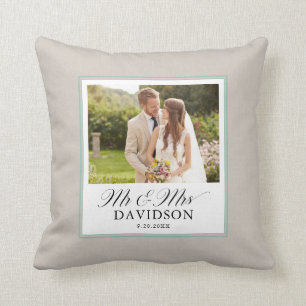 Coussin Mr et Mrs Elegant Script Turquoise Photo Newlysée