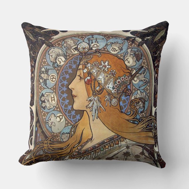 Coussin Mucha Art Nouveau Femme Vintage Français Zodiac (Recto)
