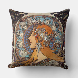 Coussin Mucha Art Nouveau Femme Vintage French Zodiac Post