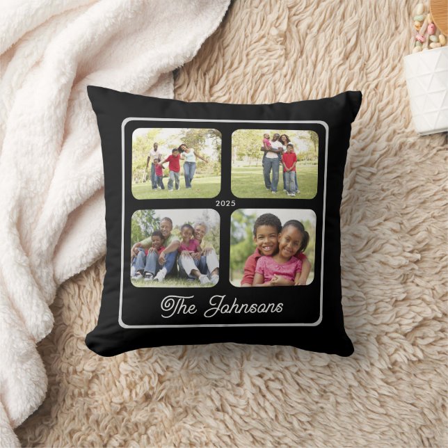 Coussin Multi Photo Family Name Elegant Calligraphy Black (Couverture)