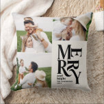 Coussin multiphoto moderne élégante typographie unique<br><div class="desc">Graphique vintage moderne unique noir et crème typographie merry chritsmas multi photo de vacances décoration ornementale. Une partie d'une collection de vacances audacieuse et amusante.</div>