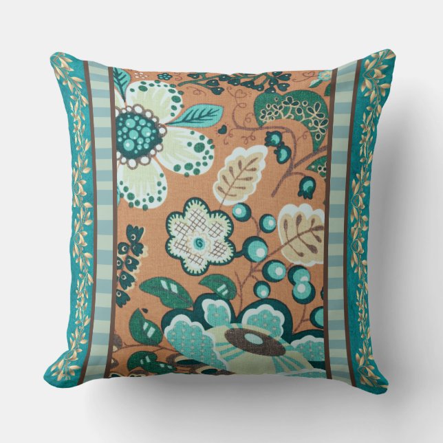 Coussin Multiples Motifs, Turquoise, Vert, Rouille, Or, Fl (Recto)