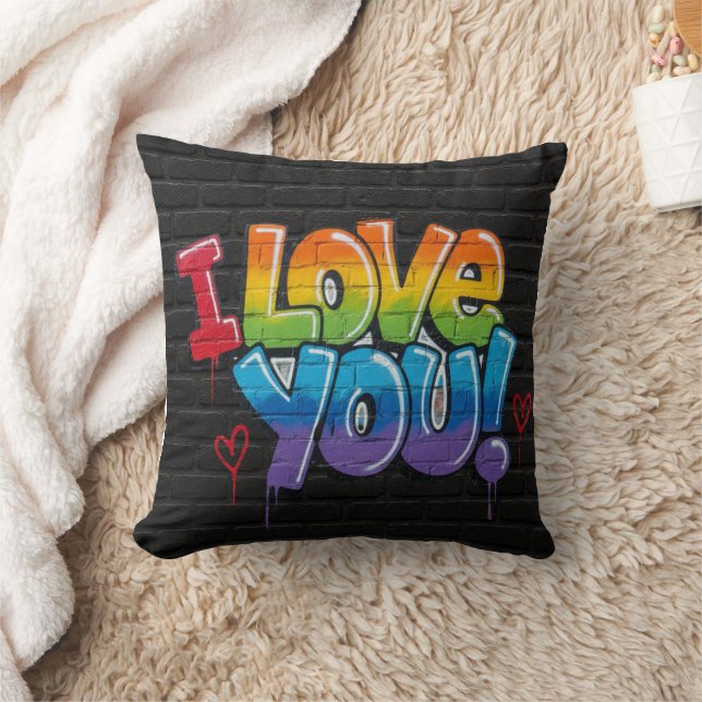 Coussin Mur de briques noir avec graffiti « Je t'aime ! » (Couverture)
