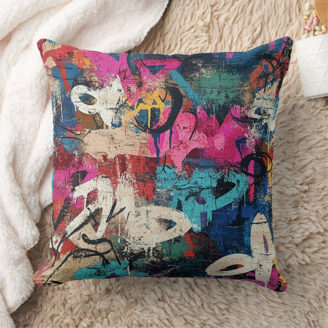 Coussin Mur de ville granuleux graffiti rose bleu noir (Couverture)