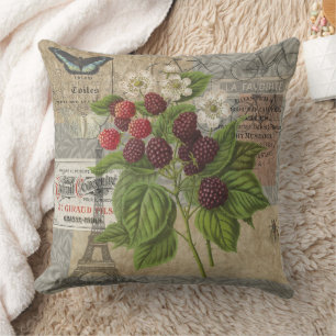 Coussin Mûres Vintage Collage d'Art Éphemère Français