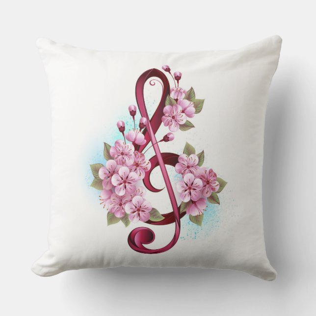 Coussin Musical treble clef notes with Sakura flowers (Recto)