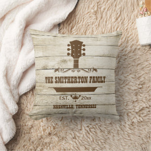 Coussin Musique Country Guitar Nom de Famille Bois Rustiqu