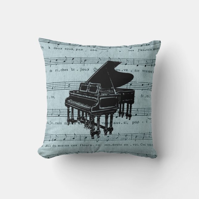 Coussin Musique de feuille bleue de piano à queue (Recto)